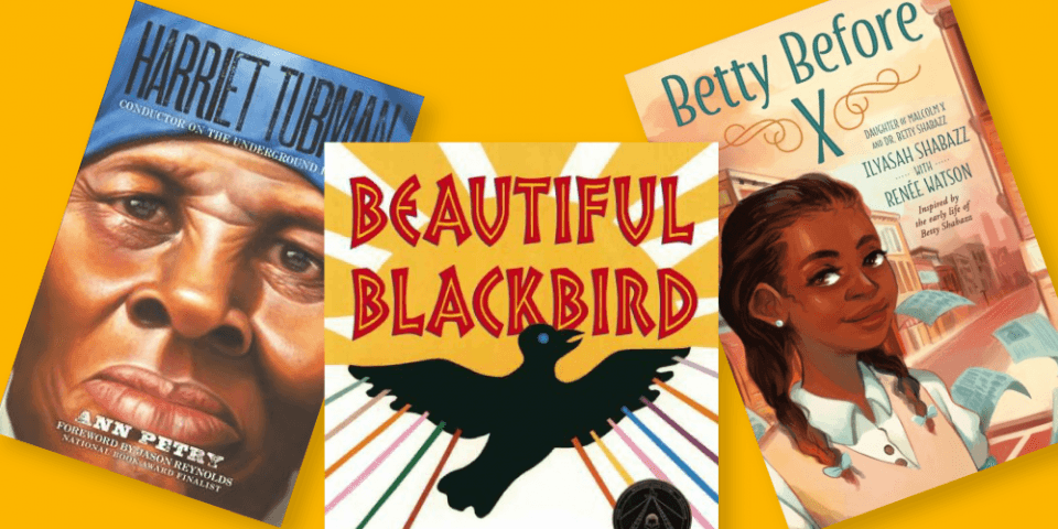 Yellow background featuring book collage of titles from Schomburg's Black Liberation List for Young Readers