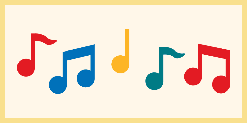 Beige background with a stylized illustration of colorful musical notes.