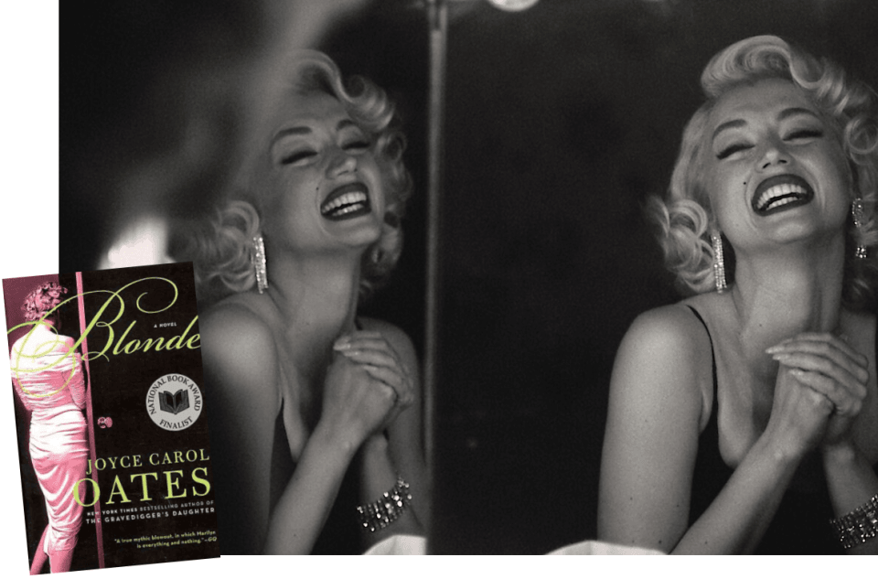 actress portraying Marilyn Monroe looks at herself in mirror laughing