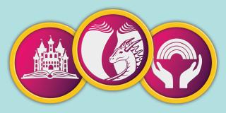 Illustrations of badges featuring a castle, a dragon, and hands with a rainbow