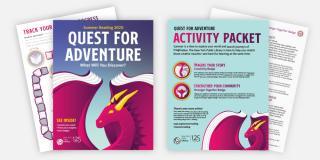 Activity book pages featuring an illustrated dragon