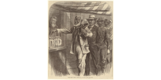 Historic illustration of Black men queuing up to cast their votes beneath an American flag