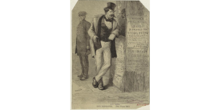 Historic illustration of a repeat voter in a top hat leaning on a wall
