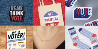 Collage of items from the Library Shop's Civically Engaged line of products that encourage people to vote