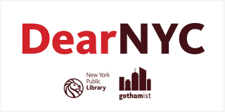 Red text that reads: DearNYC with the NYPL and Gothamist logos pictured below the text