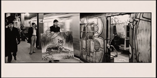 Image of several historic photographs featuring scenes from the NYC subway in the 1970s 