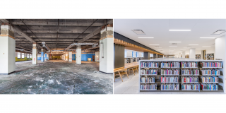 Side-by-side before and after photos of the Stavros Niarchos Foundation Library (SNFL)'s fourth floor