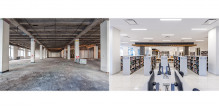 Side-by-side before and after photos of the Stavros Niarchos Foundation Library (SNFL)'s second floor
