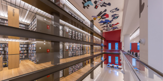 Interior photograph of the Stavros Niarchos Foundation Library (SNFL), featuring the long room and a colorful abstract mural on the ceiling