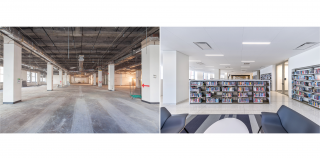 Side-by-side before and after photos of the Stavros Niarchos Foundation Library (SNFL)'s second floor 