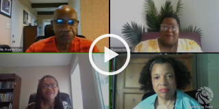 Screenshot of online event featuring four panelists from Juneteenth—Creating Legacy in Contested Places