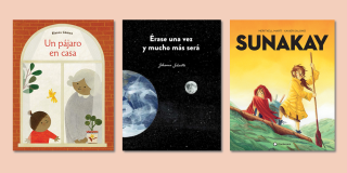 Book cover collage featuring three titles over a peach background: Un pájaro en casa, Érase una vez y mucho más será, Sunakay.