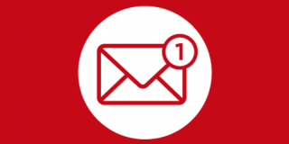 Red background and a red-outlined icon of an envelope with a notification symbol within a white circle. 