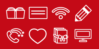 Red and white graphic featuring eight icons representing services at the Library, including books, computers, and WiFi. 