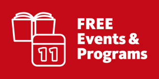 Red graphic featuring a book and calendar icon alongside bold white text that reads: FREE Events & Programs. 