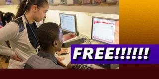 Graphic of a person using a computer and text that reads: Free!