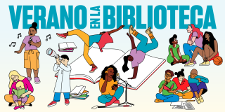Colorful Verano en la Biblioteca illustration features people dancing, singing, reading, and talking together.