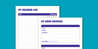 Reading log and book review pages displayed on a teal background.