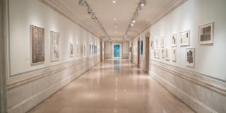 A hallway of the Atkins exhibition, walls lined with framed images. The hallway concludes in a large blue cyanotype of algae.