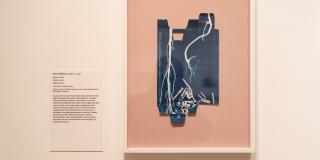 A blue cyanotype set on a peach backing, depicting small images such as buttons, safety pins, and soda tabs.