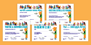 Summer certificates in Bengali, Spanish, English, Chinese, and Russian displayed on an orange background.