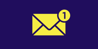 Yellow email icon on a deep purple background.
