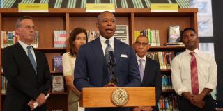 Mayor Adams announces Freedom to Read Day at Brooklyn Central Library alongside NYPL President Anthony Marx, BPL President Linda Johnson, QPL President Dennis Walcott, and Council Member Chi Ossé.  