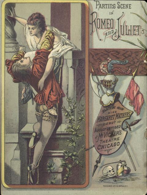 An 1880s pamphlet cover for a production of Romeo and Juliet is shown. The engraving on the cover showsan illustration of Margaret Mather as Juliet holding up Romeo who dangles from her balcony.  