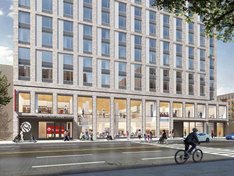 Exterior rendering of busy street in front of Inwood Library