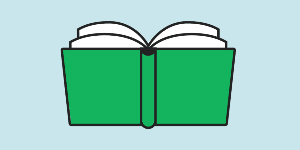 Light blue background featuring an illustration of an open book with a green cover.