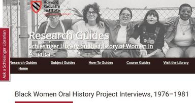 Screenshot of Schlesinger Library Homepage for the Black Women Oral History Project Interviews