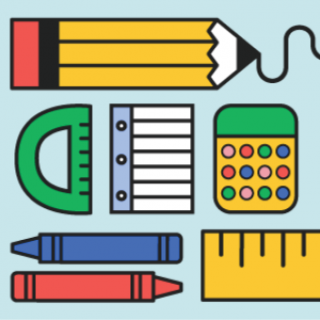 Light blue background featuring a stylized illustration of school supplies including a pencil, a compass, crayons, a ruler, and other items