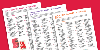 Collage image of the three lists—for adults, teens, and kids—of NYPL's Essential Reads on Feminism, against a red background.