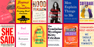 Collage of book covers from NYPL's Essential Reads on Feminism set against a red background