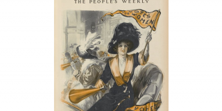 Front cover of Leslie's, The People's Weekly, featuring a woman waving a "Votes for Women" flag and carrying a megaphone.