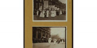 Two black-and-white photographs depict women dressed in white marching for suffrage in New York in 1913. One banner reads "Forward Out of Error. Leave Behind the Night. Forward Through the Darkness. Forward into Light."