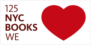 White rectangle with burgundy text that reads: 125 NYC Books We with a large red heart on the right side of the image