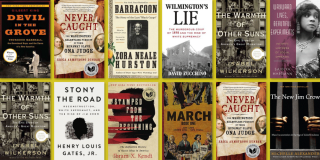 Collage of book covers of recommended history books on a yellow background