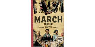 Book cover featuring an illustration of John Lewis and others sitting at a diner counter with the book title in large text in the middle of the image: March