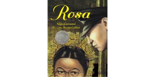 Book cover featuring an illustration of the top half of Rosa Parks' face and the profile of a white police officer with superimposed text at the top of the book that reads Rosa