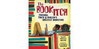 Book cover featuring an illustration of a young Black man laying on his back and reading a book with the book title in red text above him: The Book Itch Freedom, Truth, and Harlem's Greatest Bookstore
