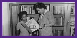Purple border surrounding a historic black-and-white photograph of a Black woman, librarian Augusta Braxton Baker, showing a young Black girl a book titled Janie Bell, while both stand in front of bookshelves