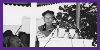 Purple border surrounding a historic black-and-white photo of NYPL's Esther Johnson speaking at a podium