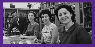 Purple border surrounding a historic photograph featuring three women and a man at a table in a room full of bookshelves