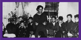 Purple border surrounding a historic black-and-white photograph of Pura Belpre speaking in front of a group of children