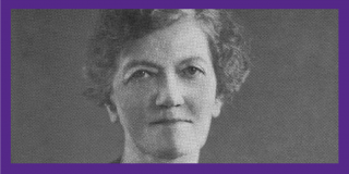 Purple border surrounding a historic black-and-white portrait of NYPL's Anne Carroll Moore looking directly at the camera