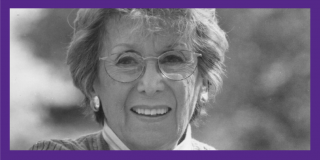 Purple border surrounding black-and-white photo of NYPL's Betty Corwin