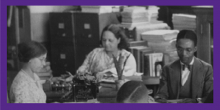 Purple border surrounding historic black-and-white photograph of Black researchers using reference collections; Catherine Latimer is at a desk to the left of researchers, looking over work.