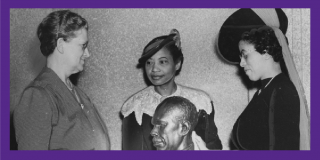 Purple border surrounding historic black-and-white photograph of of Ernestine Rose with Augusta Savage and another Black woman, and a bust of James Weldon Johnson