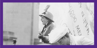 Purple border surrounding a historic photograph of Maud Malone speaking amid a crowd of suffragettes